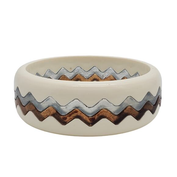 Acrylic Puzzle Bangles Zig Zag Bracelet Blue Brown Off White Wavy Interlocking - Picture 9 of 12